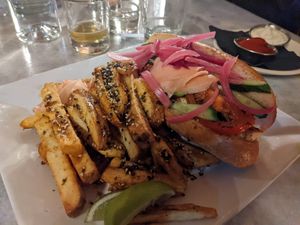 Vegan portobello banh mi and Togarashi fries, served with vegan ranch and ketchup at Public House in Temecula