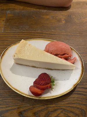 Vegan cheesecake with strawberry sorbet  at Avon Causeway in Christchurch