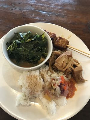 Tofu soup, cassava greens, tempeh satay, rice, jackfruit, and condiments😄33k for the plate   at Warung Green in Ubud