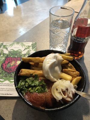 Vegan deluxe currywurst with fries   at Banh Mi & Bubbles in Stuttgart