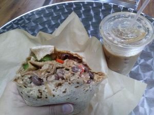 jackfruit 'carnitas' burrito and dirty chai at Viva La Vegan Grocery Store in Rancho Cucamonga