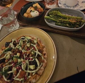 Aubergine flat bread, patatas bravas and tenderstem broccoli at Lounges - Marisco Lounge in Scarborough