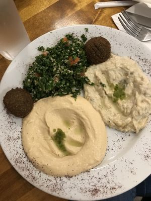 Veggie plate. Babaghanoush is verrrrrry smoky. Good hummus!  at Olive in New Orleans