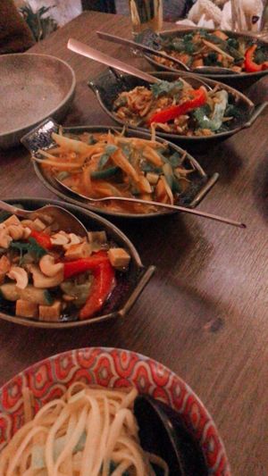 Half portions of different dishes. The second left one is the red curry dish, the other three are tofu dishes   at De Orchidee in Eindhoven