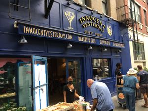 Front of cafe (Why don't any signs here clarify that this is all vegan?) at Innocent Yesterday in New York City