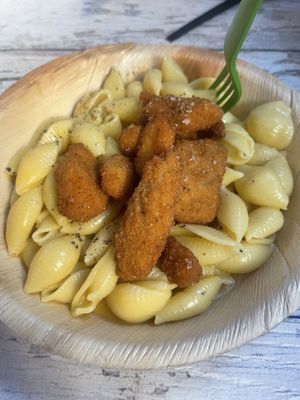 Smoked macaroni cheese with crispy chicken  at Innocent Yesterday in New York City