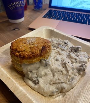 Biscuits and gravy. Biscuit had nice texture but it was too salty. The gravy was delicious and the sausage was good too, though I think it’s impossible meat. at Innocent Yesterday in New York City