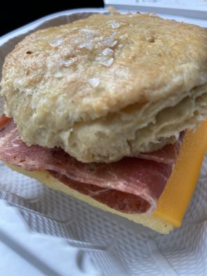 “Bacon” “egg” and “cheese” on a biscuit.  at Innocent Yesterday in New York City