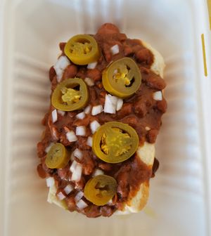 Chili with jalapeño and onion hotdog at The Lick in Vallejo