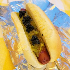 Hotdog with relish and seaweed caviar at The Lick in Vallejo
