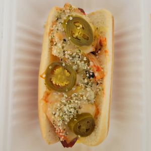 Hotdog with kimchee, hemp seeds and jalapeños. at The Lick in Vallejo