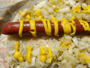 No bun, hot dog and warmed sauerkraut, yummy. at The Lick in Vallejo