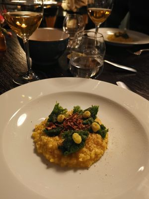 Celery risotto with kale, dried mushrooms and saffron cream at Ravintola Jura in Helsinki
