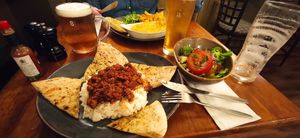 Vegan Chili with Rice, naan and a side salad. at Lorne Bar in Oban