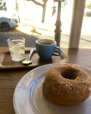 Vegan donut and espresso   at Rough Draft Bar & Books in Kingston