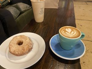 Vegan donut & oat milk cortado  at Rough Draft Bar & Books in Kingston