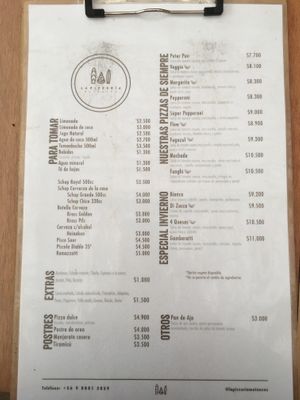 Menu at La Pizzería Matanzas in Navidad