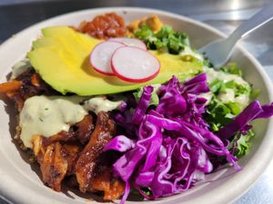 BBQ jackfruit bowl at Rainbow Kitchen + Rebel Tonics in Haiku