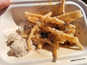 Mochi fries with tahini. Nice but very oily. Also maybe a better dipping sauce could help. at Rainbow Kitchen + Rebel Tonics in Haiku