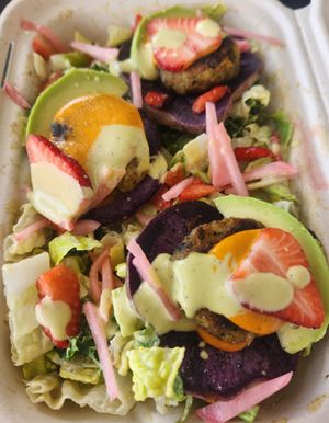 Crab Cake Salad...so delicious! at Rainbow Kitchen + Rebel Tonics in Haiku