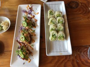 Spicy tuna on rice cake (left) & avocado and cucumber roll (right) at MA-KIN in Agoura Hills