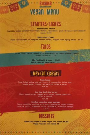 Vegan Menu at EscoBar in Inverness