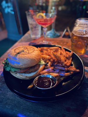 Vegan chicken burgerr  at Raven's Manor in Portland