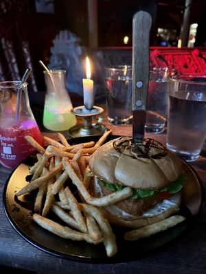 Crispy chicken burger with vegan mayo and fries  at Raven's Manor in Portland