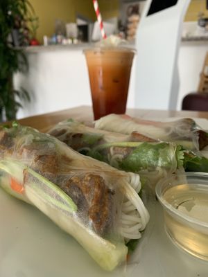 Spring rolls and Cambodian Ice Tea, house-made sauce   at Srey Vegan - Pop Up in Los Angeles