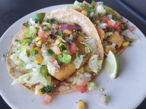 Starter of 2 baja tacos at Veggie Grill by Next Level in Santa Monica