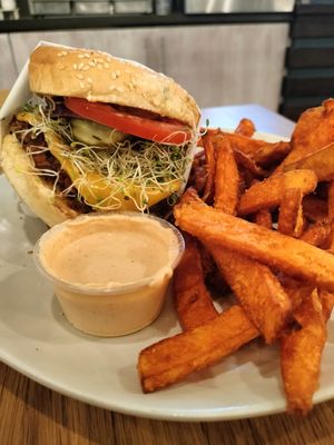 Ultimate veggie burger at Veggie Grill by Next Level in Santa Monica