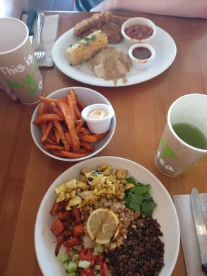 Backyard Spicy Fried 'Chicken', Sweat Potato Fries, Maroccon Bowl, Cucumber-Mint Lemonade and Strawberry Lemonade at Veggie Grill by Next Level in Santa Monica