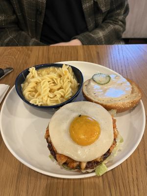 Sunrise Kimchi Burger and vegan Mac’n’Cheese   at Veggie Grill by Next Level in Santa Monica