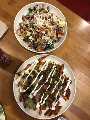 BBQ chicken salad & mando nachos sub chips for sweet potato fries and sub chicken for carne asada at Veggie Grill by Next Level in Santa Monica