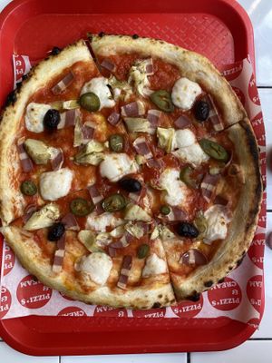 Vegan pizza w/bacon, artichokes, jalapeños and olives    at Pizzi*s & Cream in Vienna