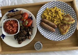 Savoury items: the sausage, tomato and mushrooms are very tasty. The rest is good as well. at Sgarbh Lodge in Isle Of Skye