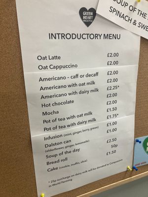 Green Heart Collective cafe's pricing for introductory menu at Green Heart Collective in Gateshead