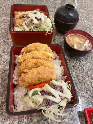 Pork bento (front), Chicken bento “behind”, came with miso soups  at Chijuya Restaurant - Jing Xin Health Food in Bangkok