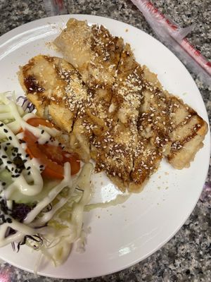 The mock fish was amazing  at Chijuya Restaurant - Jing Xin Health Food in Bangkok