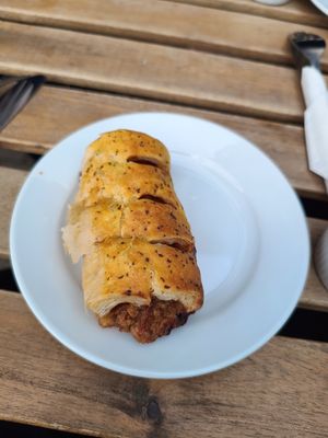 Vegan sausage roll at Mocha Beans in Westport