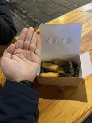 6 vegan egg rolls for $10. Hand for size.  at Momo Wok Box in Copenhagen