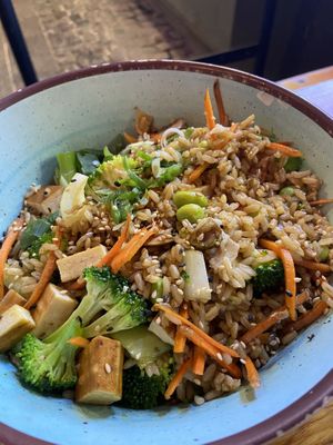 Fried brown rice with tofu and veggies   at Momo Wok Box in Copenhagen