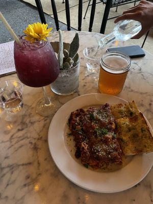 baked ziti, blueberry collins and an ipa  at Troy Beer Garden in Troy