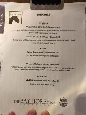Specials on the day we visited included vegan options. at The Bay Horse Inn in Nelson