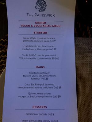 Separate vegan menu at The Painswick in Stroud