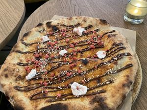 Desert pizza with hazelnut choco (so-so)  at Godhem Sour Café & Bar in Trollhattan