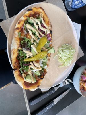 Veggie Kebab Pizza Posjon sized vegan with cabbage on the side. The chillies are not that spicy  at Godhem Sour Café & Bar in Trollhattan