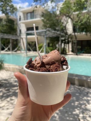 Vegan Marzipan and Nutella ice cream with brownies.   at Yom Yom Foodtique in Tulum