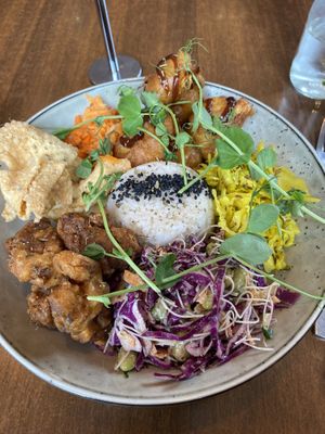 Bonobowl (tofu, cauliflower, coconut rice, pickled vege, carrot, slaw, crispy wonton wrappers)  at Bonobo Cafe in Christchurch