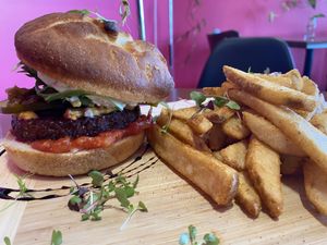 Bonobo burger with fries (so good) #Veganuary at Bonobo Cafe in Christchurch